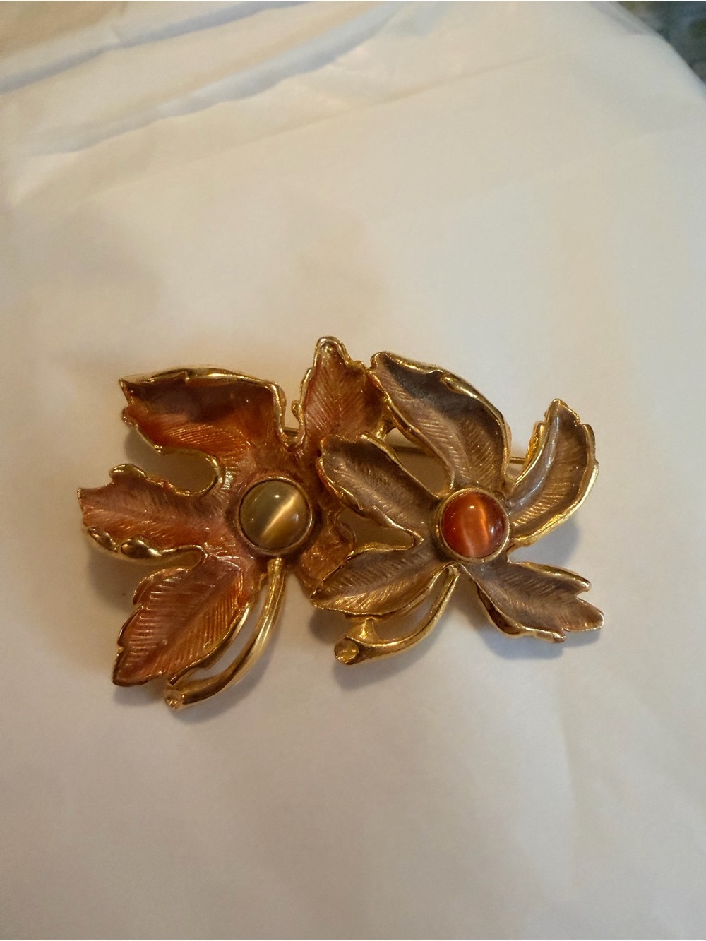 Vintage Gold-Tone Floral Leaf Brooch with Amber Cabochons